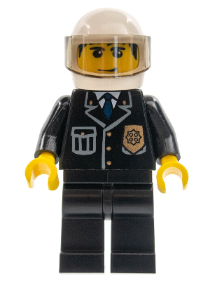 Police - City Suit with Blue Tie and Badge, Black Legs, White Helmet, Trans-Brown Visor, Smile