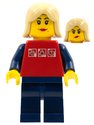 Red Shirt with 3 Silver Logos, Dark Blue Arms, Dark Blue Legs, Tan Female Hair