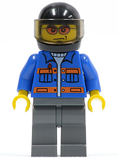 Blue Jacket with Pockets and Orange Stripes, Dark Bluish Gray Legs, Black Helmet, Orange Sunglasses