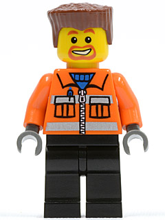 Construction Worker - Orange Zipper, Safety Stripes, Orange Arms, Black Legs, Reddish Brown Flat Top Hair, Beard Around Mouth