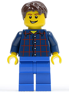 Plaid Button Shirt, Blue Legs, Dark Brown Short Tousled Hair, Lopsided Grin with Teeth