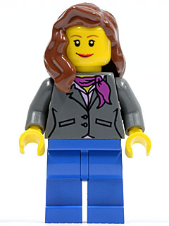 Dark Bluish Gray Jacket with Magenta Scarf, Blue Legs, Reddish Brown Female Hair over Shoulder