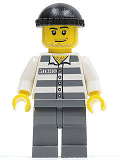 Police - Jail Prisoner 50380 Prison Stripes, Dark Bluish Gray Legs, Black Knit Cap, Smirk and Stubble Beard