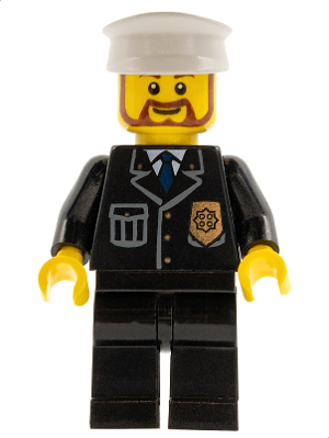 Police - City Suit with Blue Tie and Badge, Black Legs, White Hat, Brown Beard Rounded