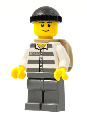 Police - Jail Prisoner 50380 Prison Stripes, Dark Bluish Gray Legs, Black Knit Cap, Black Eyebrows, Thin Grin, Backpack