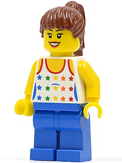 Shirt with Female Rainbow Stars Pattern, Blue Legs, Reddish Brown Ponytail Hair, Black Eyebrows