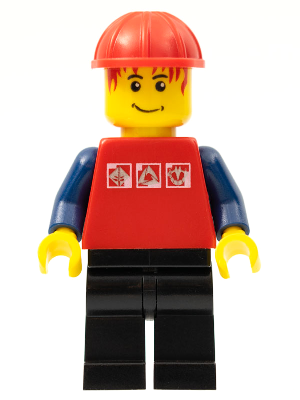 Red Shirt with 3 Silver Logos, Dark Blue Arms, Black Legs, Messy Red Hair, Red Construction Helmet