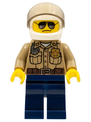 Forest Police - Dark Tan Shirt with Pockets, Radio and Gold Badge, Dark Blue Legs, White Helmet with Visor, Black and Silver Sunglasses