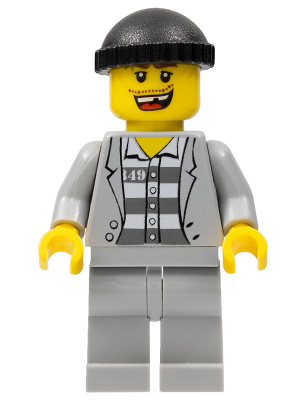 Police - Jail Prisoner Jacket over Prison Stripes, Light Bluish Gray Legs, Black Knit Cap, Missing Tooth