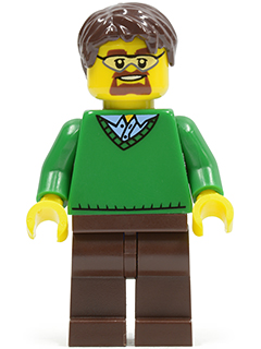 Green V-Neck Sweater, Dark Brown Legs, Dark Brown Short Tousled Hair, Safety Goggles