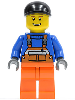 Overalls with Safety Stripe Orange, Orange Legs, Black Short Bill Cap, Brown Eyebrows, Open Mouth Smile