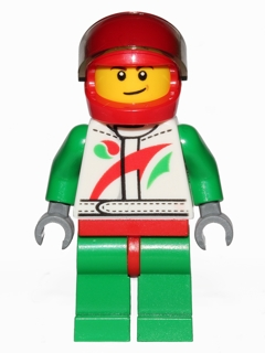 Race Car Driver, White Racing Suit with Octan Logo, Red Helmet with Trans-Brown Visor, Crooked Smile with Brown Dimple