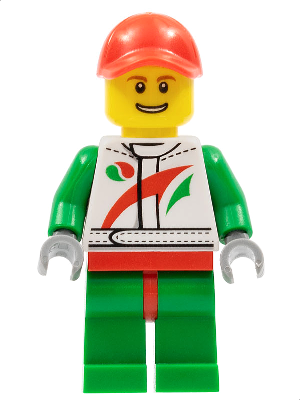 Race Car Mechanic, White Racing Suit with Octan Logo, Red Cap with Hole, Brown Eyebrows, Thin Grin with Teeth
