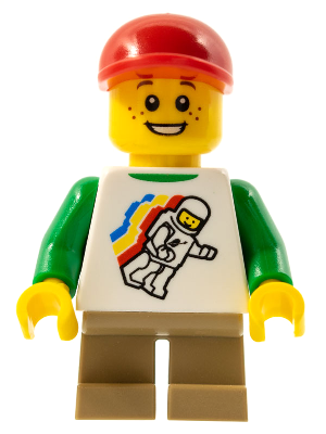 Classic Space Minifigure Floating Pattern, Dark Tan Short Legs, Red Short Bill Cap