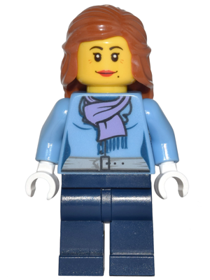 Medium Blue Jacket with Light Purple Scarf, Dark Blue Legs, Dark Orange Female Hair Mid-Length