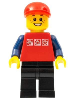 Red Shirt with 3 Silver Logos, Dark Blue Arms, Black Legs, Red Short Bill Cap, Freckles