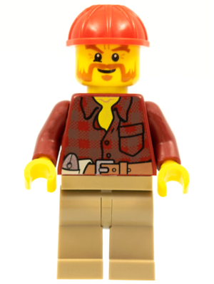 Flannel Shirt with Pocket and Belt, Dark Tan Legs, Red Construction Helmet, Beard