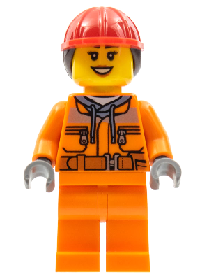 Construction Worker - Female, Orange Safety Jacket, Reflective Stripe, Sand Blue Hoodie, Orange Legs, Red Construction Helmet with Dark Brown Ponytail Hair, Peach Lips