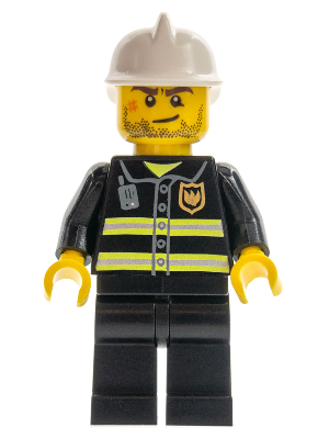 Fire - Reflective Stripes, Black Legs, White Fire Helmet, Crooked Smile with Scar