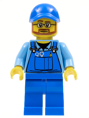 Overalls with Tools in Pocket Blue, Blue Cap with Hole, Beard and Glasses