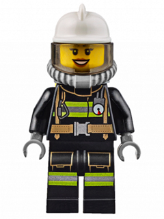 Fire - Reflective Stripes with Utility Belt, White Fire Helmet, Breathing Neck Gear with Air Tanks, Trans-Brown Visor, Peach Lips Open Mouth Smile