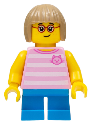 Child - Girl, Bright Pink Striped Shirt with Cat Head, Dark Azure Short Legs, Dark Tan Bob Cut Hair, Glasses, Freckles