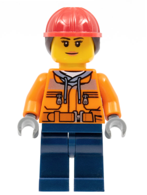 Construction Worker - Female, Orange Safety Jacket, Reflective Stripe, Sand Blue Hoodie, Dark Blue Legs, Red Construction Helmet with Dark Brown Ponytail Hair, Peach Lips