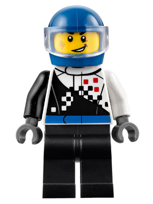 Buggy Driver, Checkered Race Torso, Blue Helmet, Black Legs