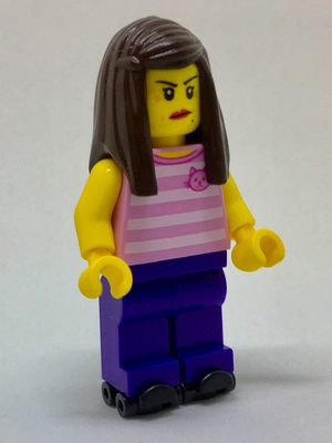 Rollerskater - Female, Bright Pink Striped Shirt with Cat Head, Dark Purple Legs, Dark Brown Long Hair, Red Lips, Black Skates