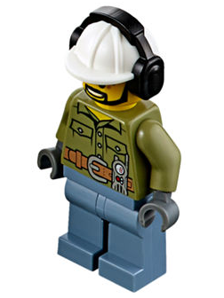 Volcano Explorer - Male, Shirt with Belt and Radio, Black Angular Beard, White Construction Helmet with Black Ear Protectors / Headphones