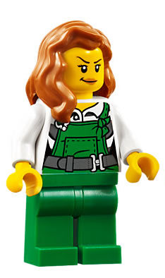 Police - City Bandit Female with Green Overalls, Dark Orange Female Hair over Shoulder, Peach Lips Smirk