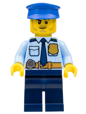 Police - City Shirt with Dark Blue Tie and Gold Badge, Dark Tan Belt with Radio, Blue Legs, Blue Police Hat, Black Stubble and Raised Right Eyebrow