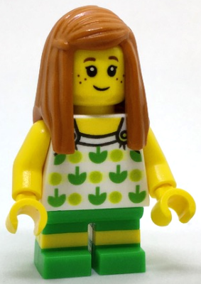 Child - Girl, White Halter Top with Green Apples and Lime Spots, Bright Green Short Legs with Molded Yellow Stripes, Dark Orange Long Hair, Freckles