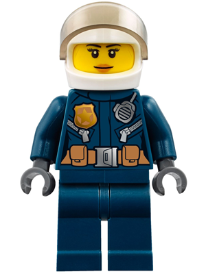 Police - City Helicopter Pilot Female, Leather Jacket with Gold Badge and Utility Belt, Dark Blue Legs, White Helmet, Peach Lips Slight Smile