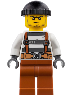 Police - City Bandit Crook Overalls 621 Prison Stripes, Dark Orange Legs, Black Knit Cap, Beard Stubble and Scowl
