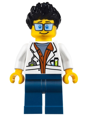 City Jungle Scientist - White Lab Coat with Test Tubes, Dark Blue Legs, Black Ruffled Hair