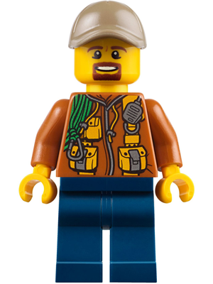 City Jungle Explorer - Dark Orange Jacket with Pouches, Dark Blue Legs, Dark Tan Cap with Hole, Brown Moustache and Goatee
