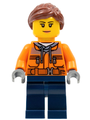 Cargo Center Worker - Female, Orange Safety Jacket, Reflective Stripe, Sand Blue Hoodie, Dark Blue Legs, Reddish Brown Hair, Peach Lips