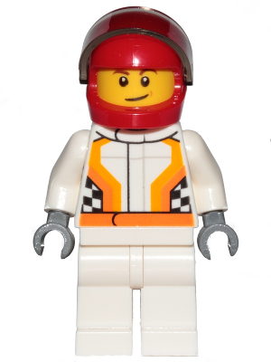 Race Car Driver, White Racing Suit with Orange Stripes and Checkered Pattern, Red Helmet, Crooked Smile with Brown Dimple