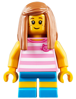 Child - Girl, Bright Pink Striped Shirt with Cat Head, Dark Azure Short Legs with Molded Yellow Stripes, Medium Nougat Long Hair, Freckles