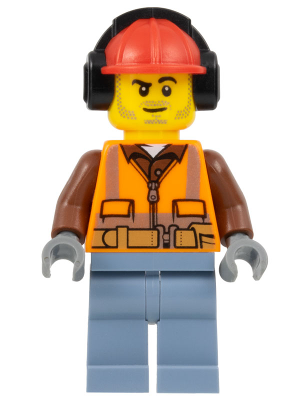 Construction Worker - Male, Orange Safety Vest, Reflective Stripes, Reddish Brown Shirt, Sand Blue Legs, Red Construction Helmet with Black Ear Protectors / Headphones, Stubble