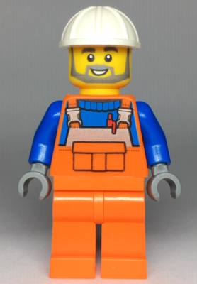 Construction Worker - Male, Orange Overalls with Reflective Stripe and Buckles over Blue Shirt, Orange Legs, White Construction Helmet, Beard