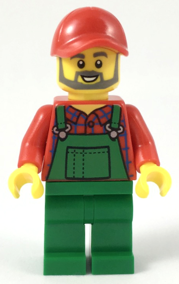 Farmer - Red Cap and Flannel Shirt, Dark Bluish Gray Beard, Green Overalls