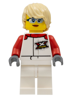 Female, White and Red Jumpsuit with 'XTREME' Logo, Tan Tousled Hair, Sunglasses and Closed Mouth Grin