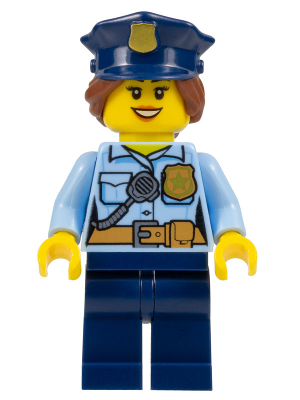 Police - City Officer Female, Bright Light Blue Shirt with Badge and Radio, Dark Blue Legs, Dark Blue Police Hat