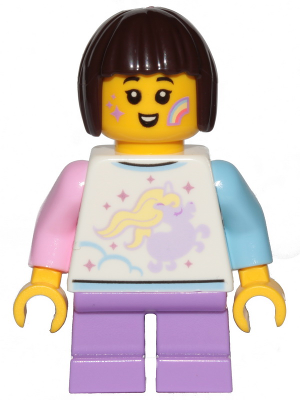 Child - Girl, White Shirt with Unicorn, Medium Lavender Short Legs, Dark Brown Bob Cut Hair, Rainbow on Cheek