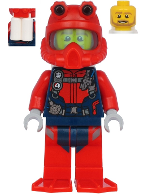 Scuba Diver - Male, Open Mouth, Dark Tan Beard, Red Helmet, White Air Tanks, Red Flippers