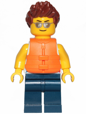 Tank Top with Surfer Silhouette, Dark Blue Legs, Reddish Brown Hair Spiked, Life Jacket 2 Straps, Silver Sunglasses