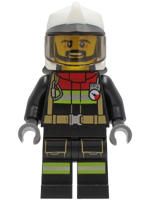 Fire - Male, Black Jacket and Legs with Reflective Stripes and Red Collar, White Fire Helmet, Trans-Brown Visor, Black Beard