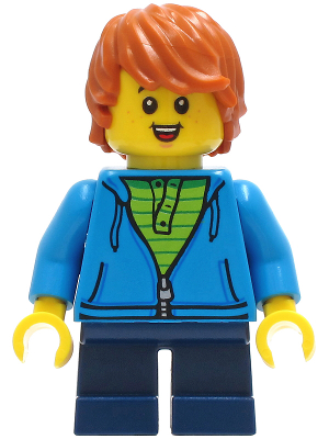 Child - Boy, Dark Azure Hoodie, Dark Blue Short Legs, Dark Orange Tousled Hair, Freckles, Smile with Teeth and Tongue